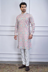 Pink Cotton Linen Checks Printed Kurta Pajama